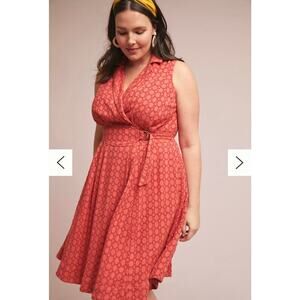 Anthropologie Elm Collared Dress 16W Midi Eyelet Burnt Orange Belted Sleeveless